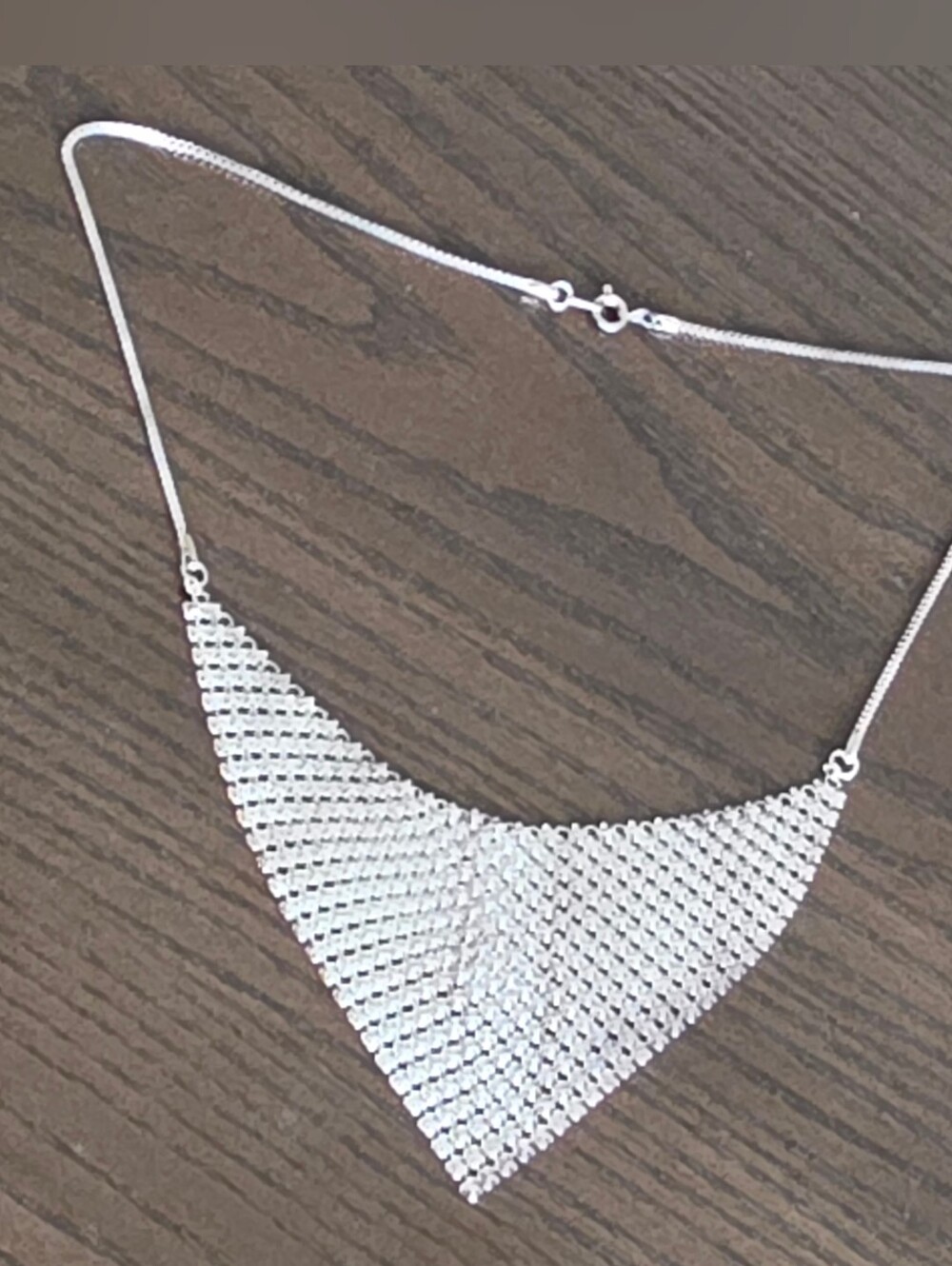 Silver Mesh Triangle Necklace . Signed And Marked Unsure What !?